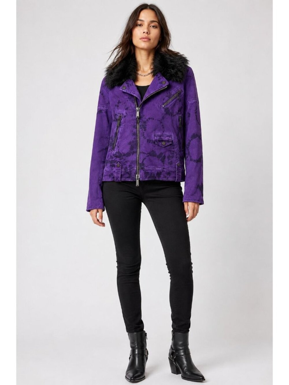 NWT $1390 DSQUARED2 Faux Fur Asymmetrical Zip Tie Dye Moto Jacket Purple Size 2